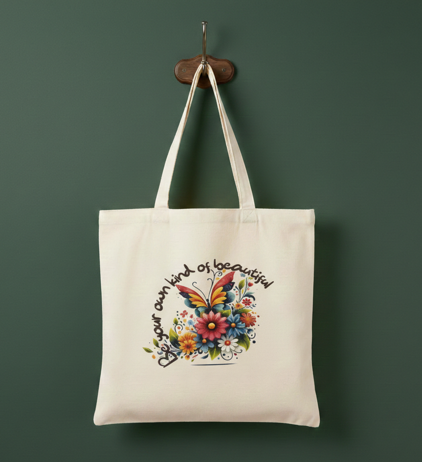 Tote bag with floral design and text on a green background