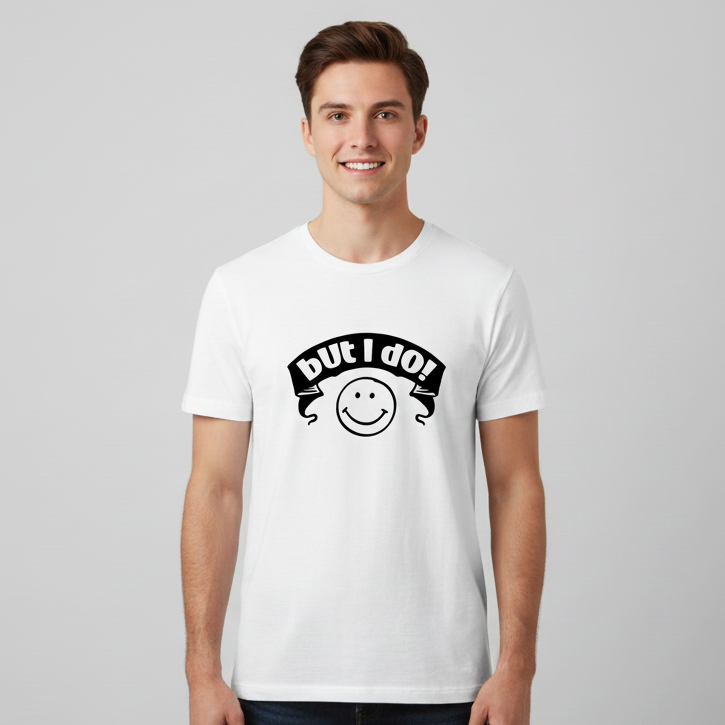 White t-shirt with a black graphic design on a wooden surface