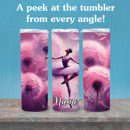 Three tumblers with a ballerina design on a blue background