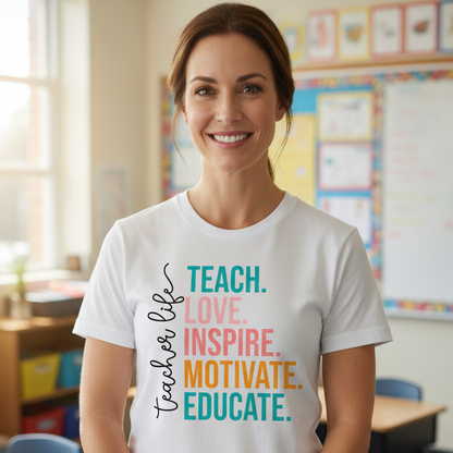 Woman wearing a t-shirt with motivational phrases in a classroom setting