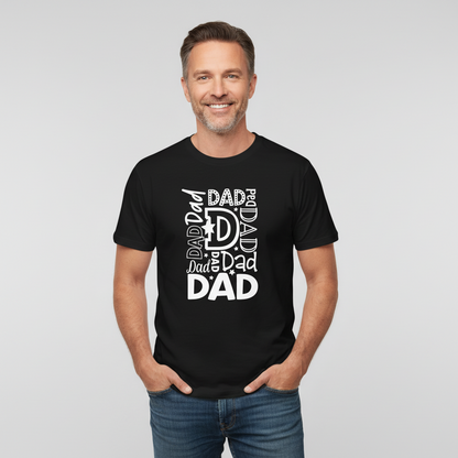 Black t-shirt with 'DAD' text design on a wooden surface