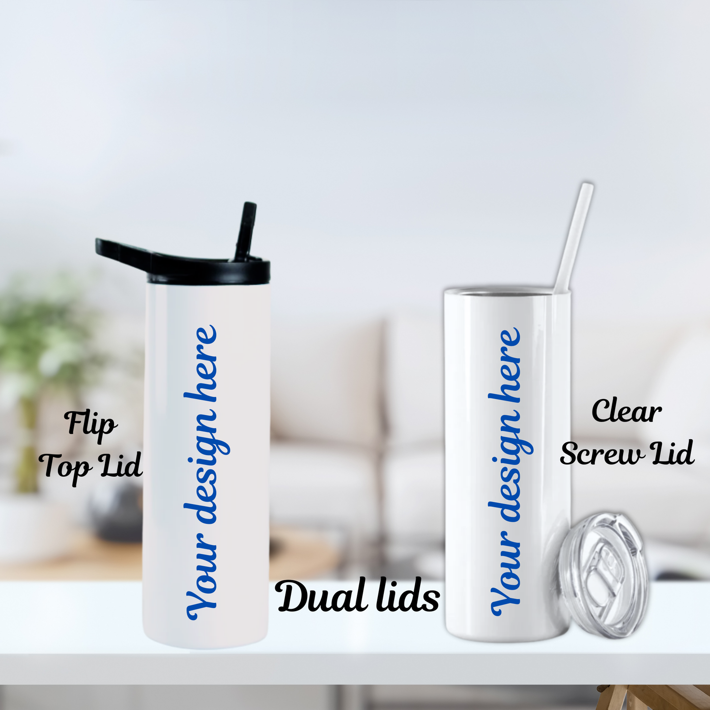 Two tumblers with different lids on a white surface.