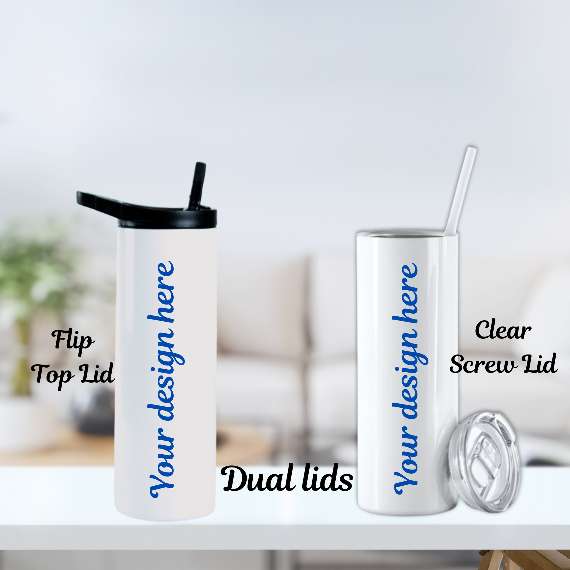 Two tumblers with different lids on a white surface.