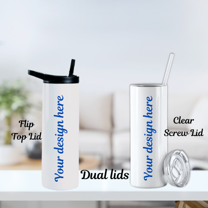 Two tumblers with different lids on a white surface.