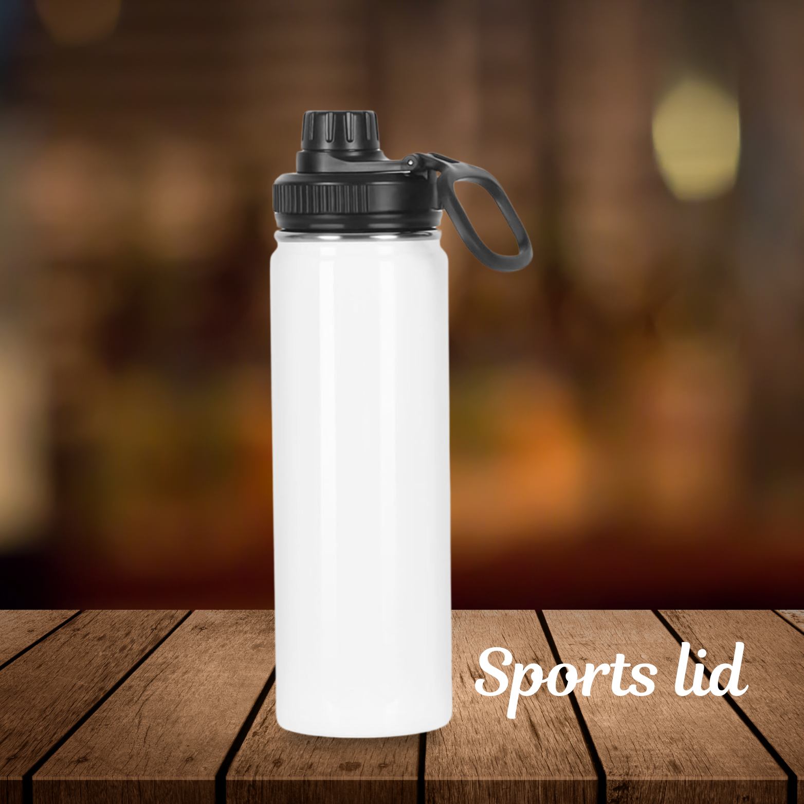 White water bottle with black sports lid on a wooden surface with a blurred background