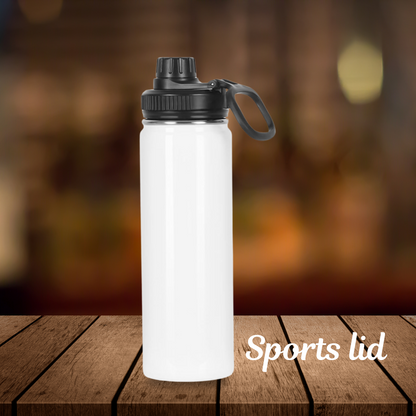 White water bottle with black sports lid on a wooden surface with a blurred background