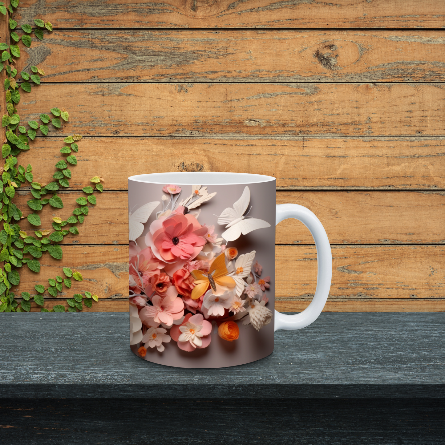 Mug with floral design on a wooden surface