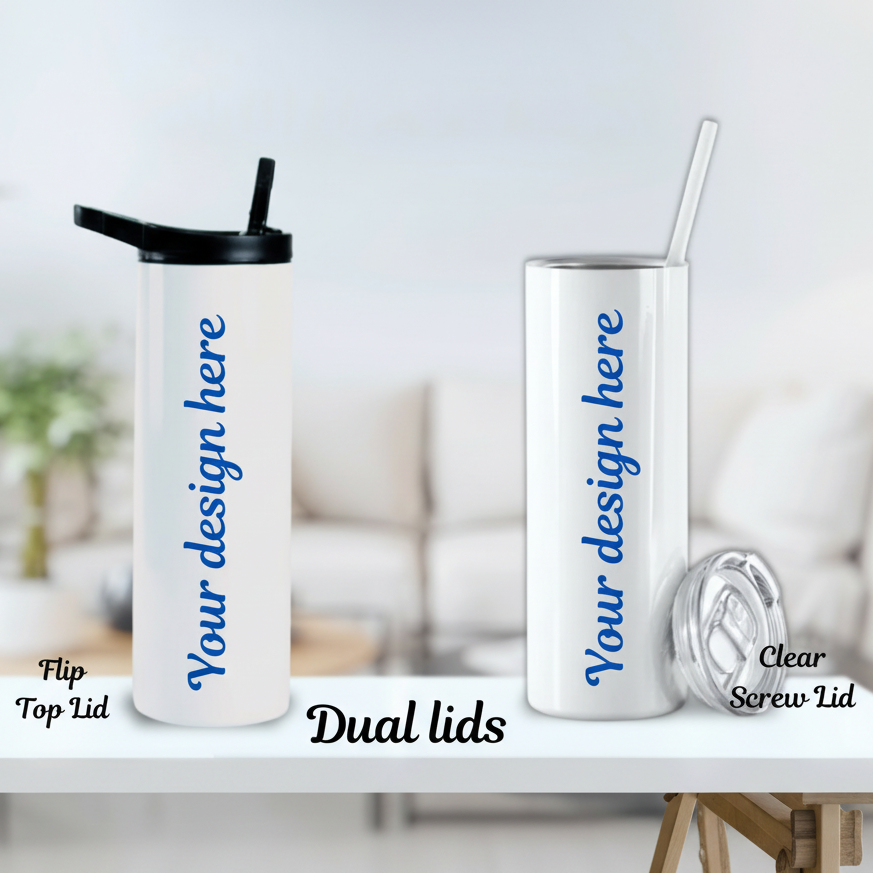 Two tumblers with different lids on a white surface, with text indicating design customization options.