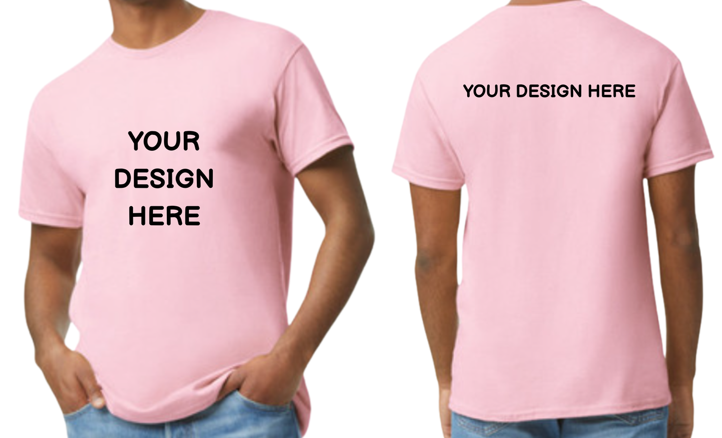 Pink t-shirt with 'Your Design Here' text on front and back, worn by a person.