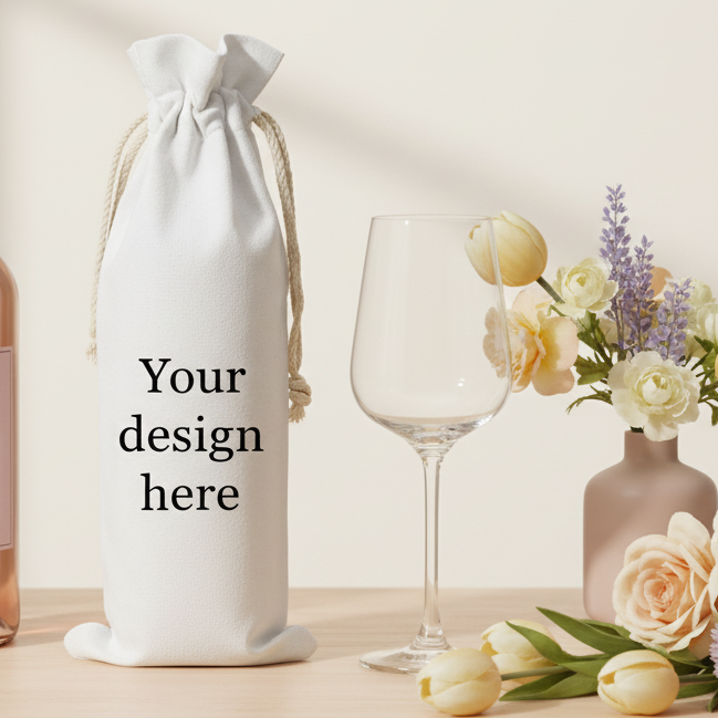 Wine bottle bag with text wine glass, and flowers on a light background