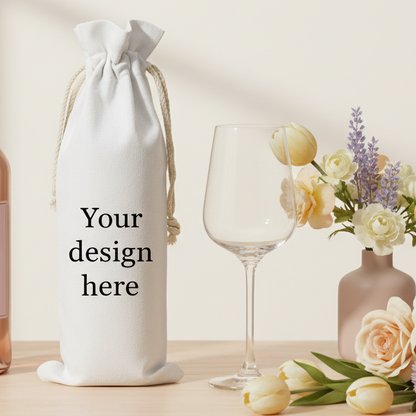 Wine bottle bag with text wine glass, and flowers on a light background