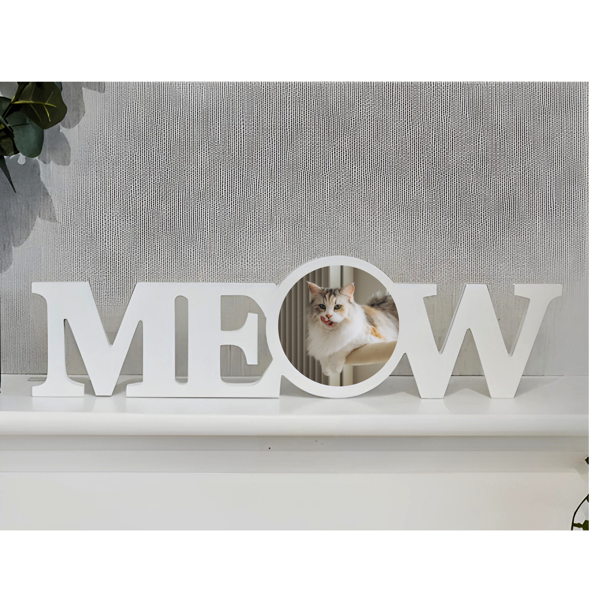 Cat peeking out from a decorative 'MEOW' sign on a white surface with a gray textured background.