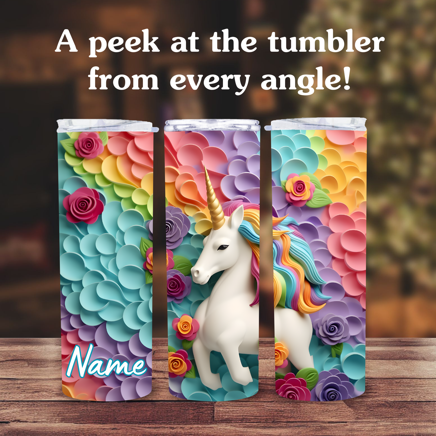 Colorful tumbler with unicorn design on a wooden surface