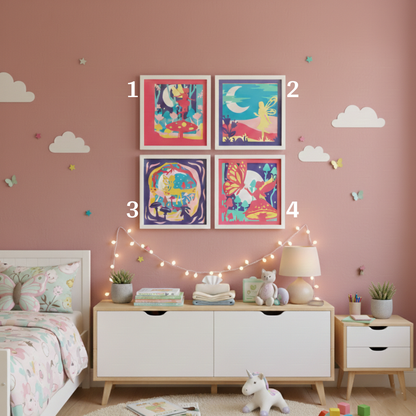 Children's room with colorful wall art, furniture, and decorative elements on a pink wall.