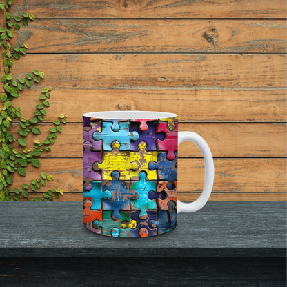 Mug with colorful jigsaw puzzle piece design on a wooden background