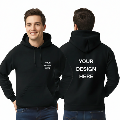 Black hoodie with 'Your Design Here' text on front and back, worn by a person.
