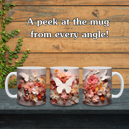 Three floral mugs with butterflies on a wooden surface with text 'A peek at the mug from every angle!'.
