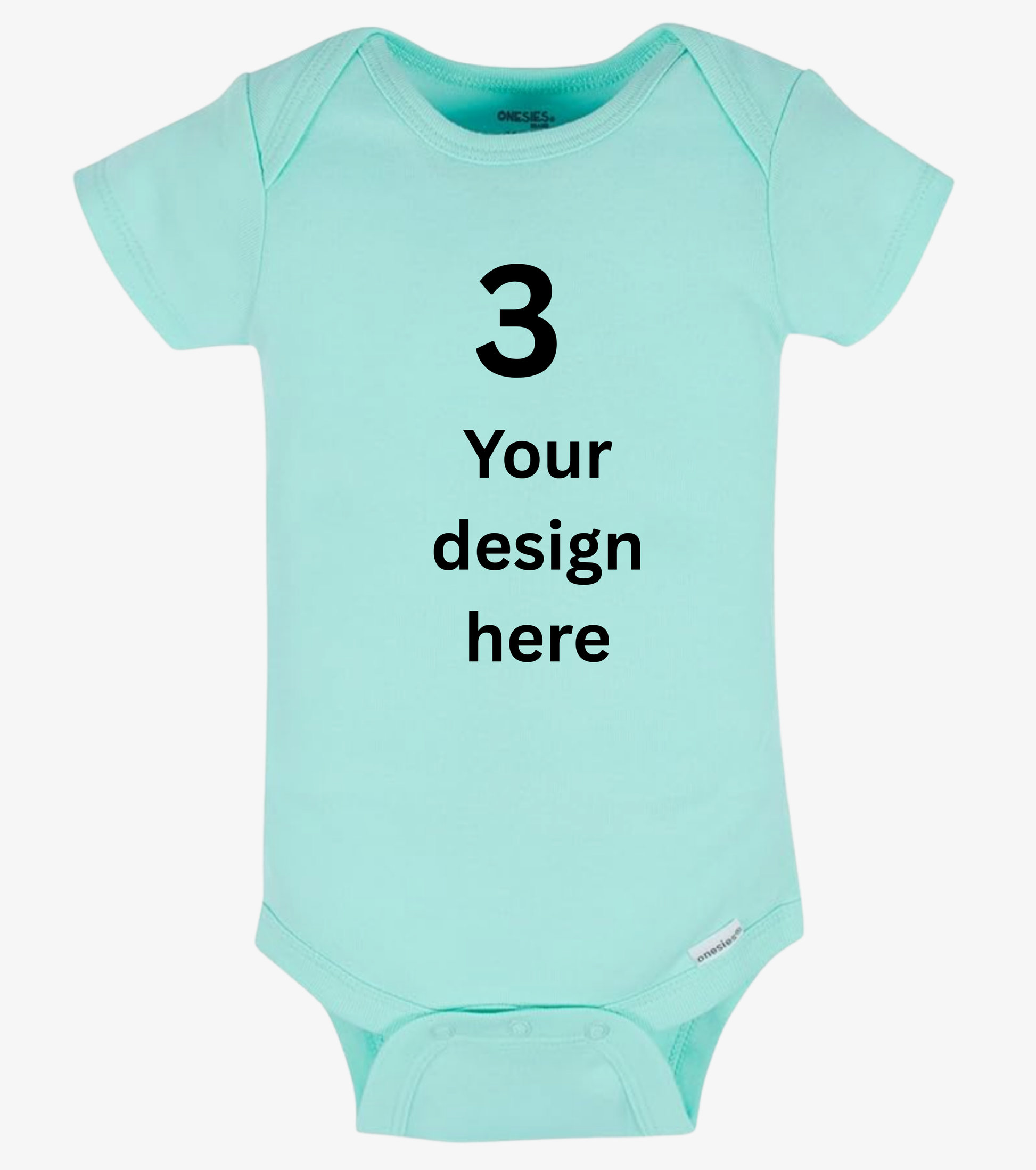 Mint green baby onesie with customizable text on a white background