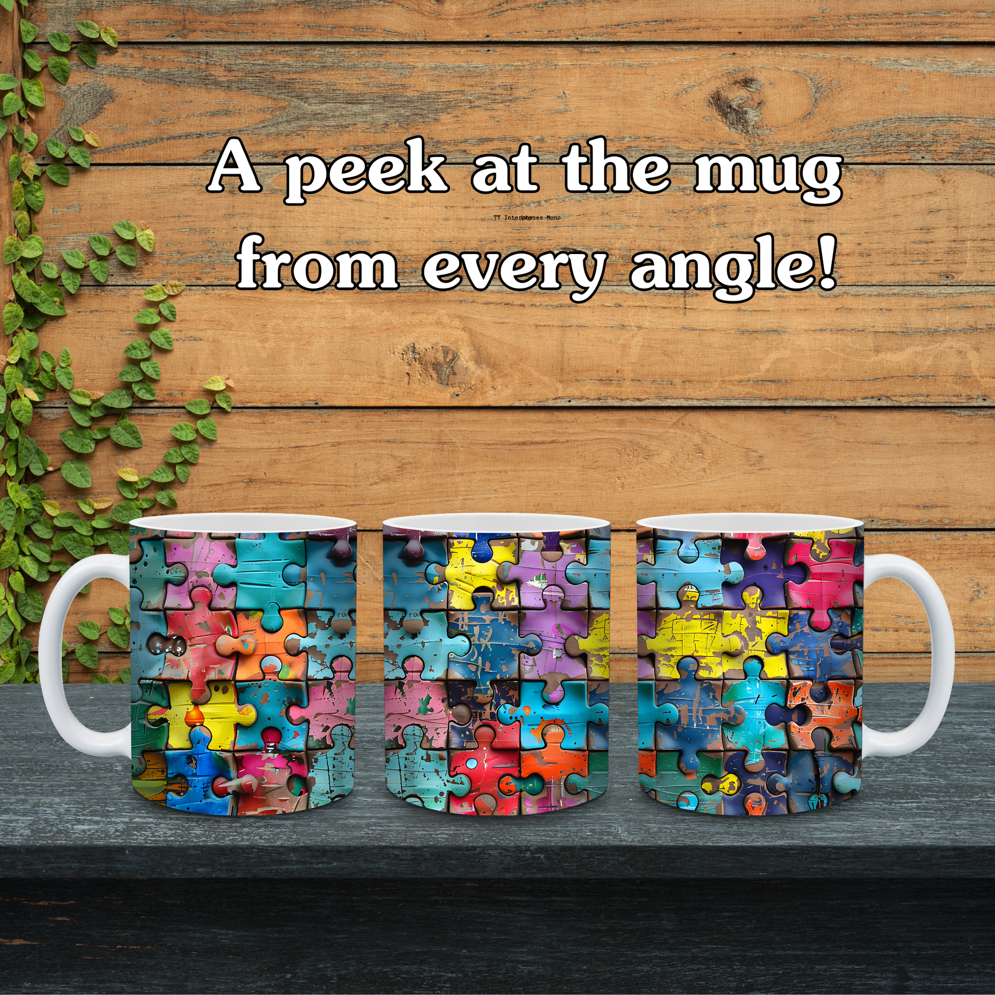 Three mugs with colorful jigsaw puzzle piece design on a wooden surface with text 'A peek at the mug from every angle!'.