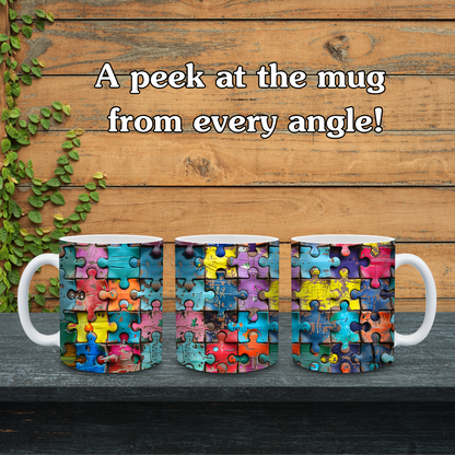 Three mugs with colorful jigsaw puzzle piece design on a wooden surface with text 'A peek at the mug from every angle!'.