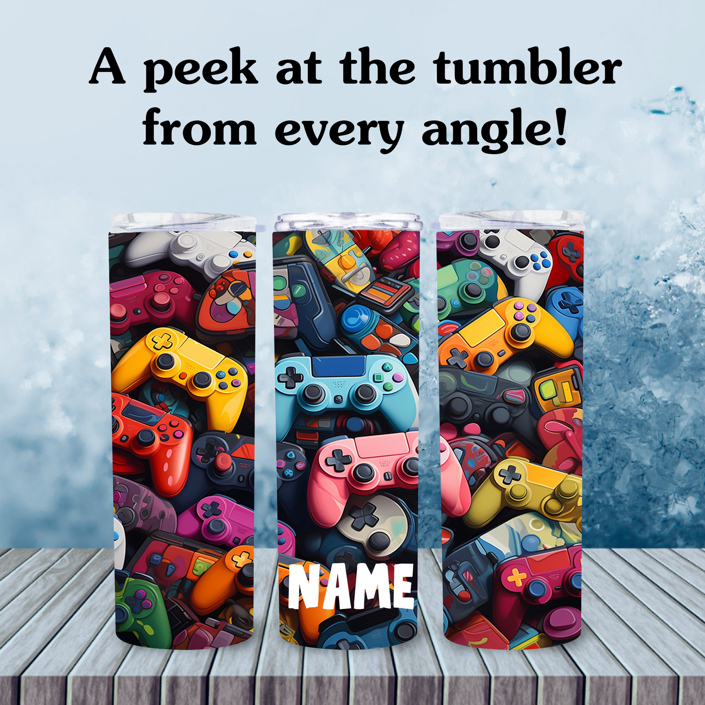 Colorful gaming controller tumbler design with text on a blue background