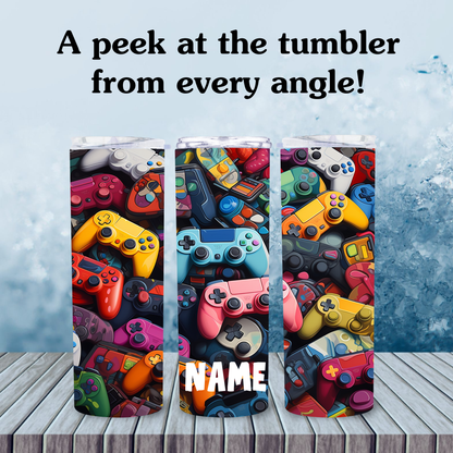 Colorful gaming controller tumbler design with text on a blue background