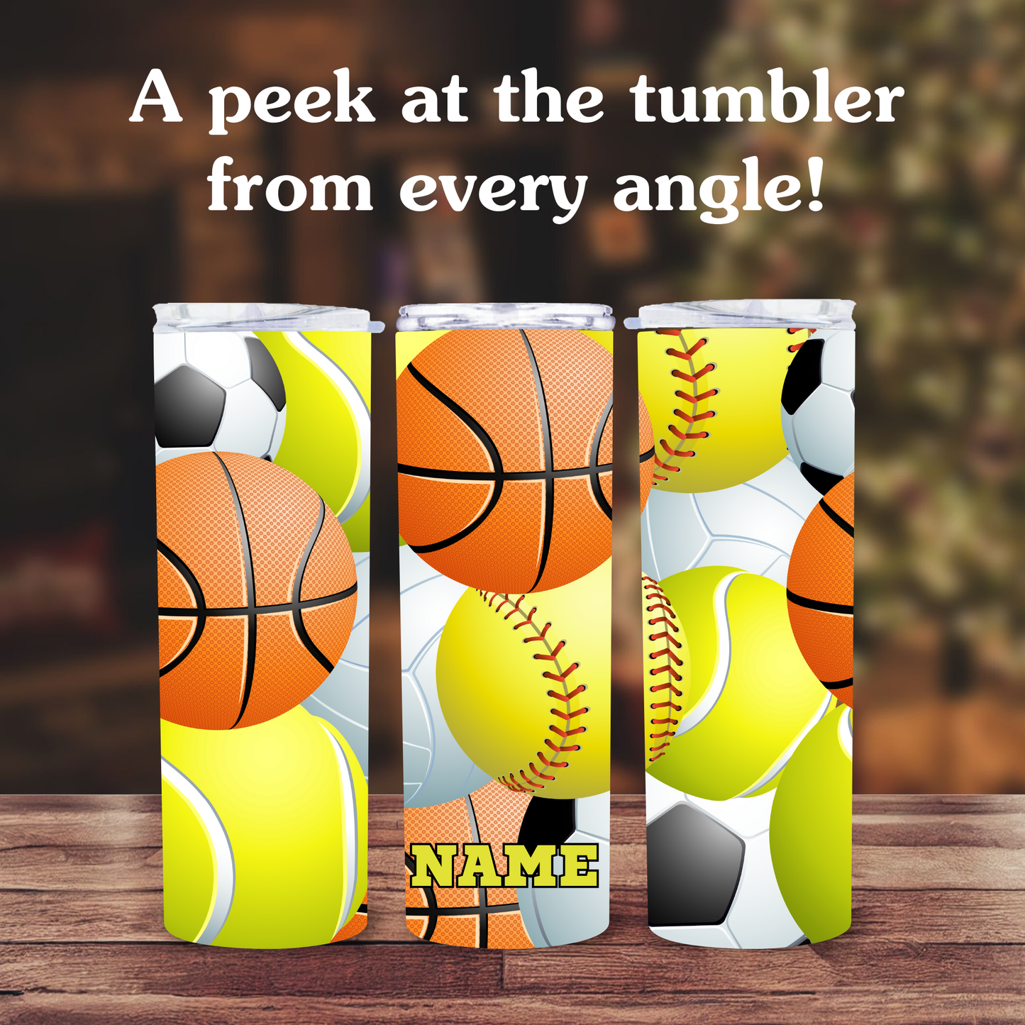 Three tumblers with sports-themed designs on a wooden surface.