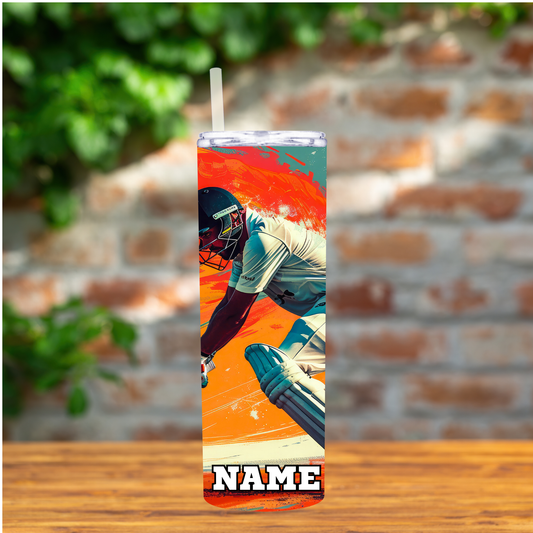 Tumbler with a sports-themed design featuring a player and 'NAME' text, placed on a wooden surface with a blurred brick wall background.