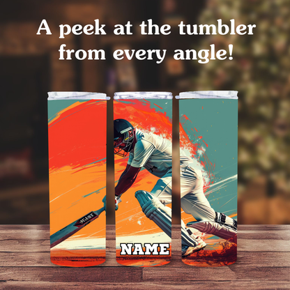 Three tumblers with a cricket player design on a wooden surface.