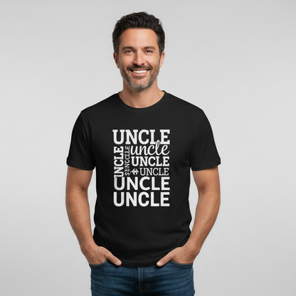 Black t-shirt with 'UNCLE' text design on a wooden surface