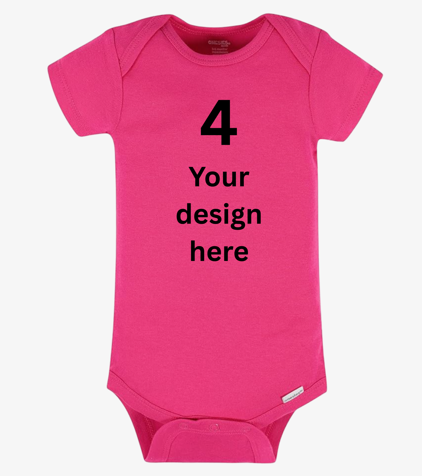 Pink baby onesie with text '4 Your design here' on a white background
