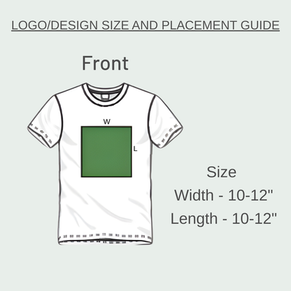White t-shirt with a green square on the front, size and placement guide on a light gray background