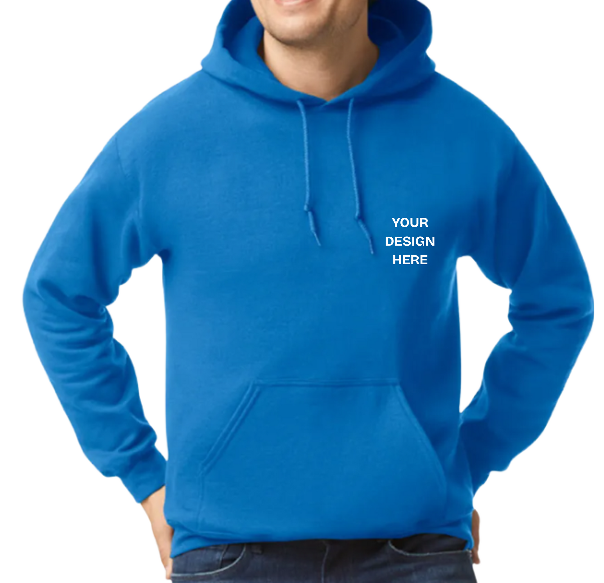 Blue hoodie with text 'Your Design Here' on a white background