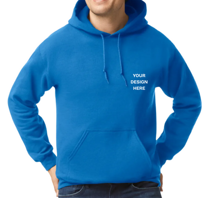Blue hoodie with text 'Your Design Here' on a white background