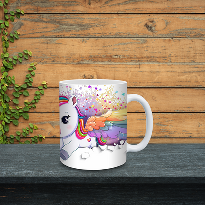 White mug with a colorful unicorn design on a wooden surface.