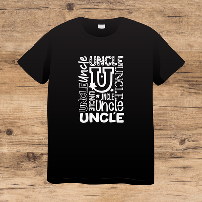 Black t-shirt with 'UNCLE' text design on a wooden surface
