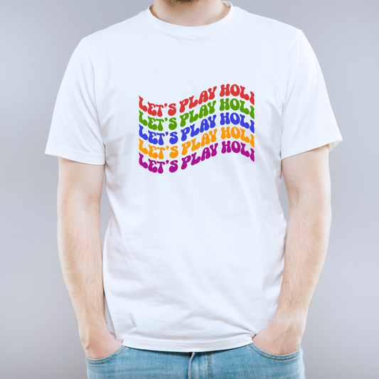 White t-shirt with colorful text 'LET'S PLAY HOLE' on a gray background