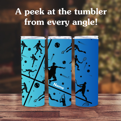 Three blue tumblers with sports-themed designs on a wooden surface.
