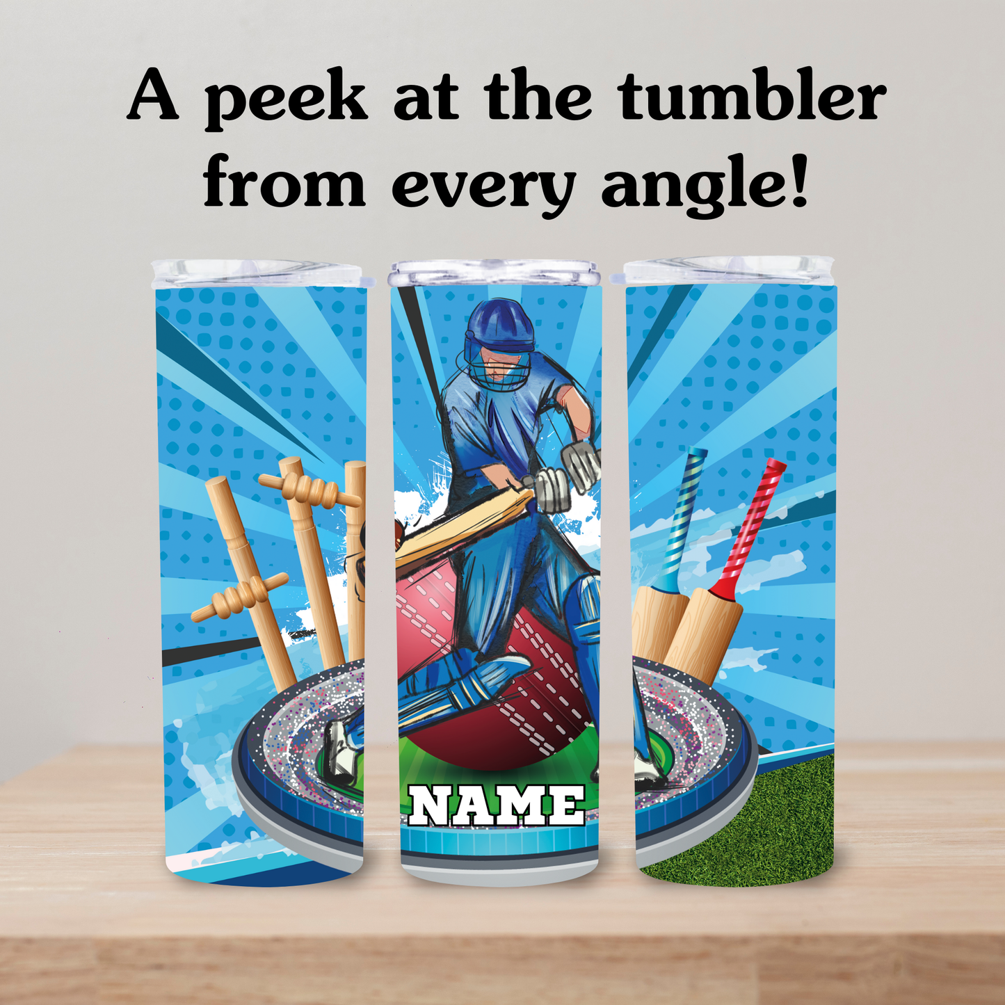 Three views of a tumbler with a cricket-themed design on a gray background.