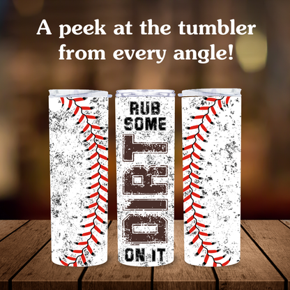 Three tumblers with baseball designs and text on a wooden surface.