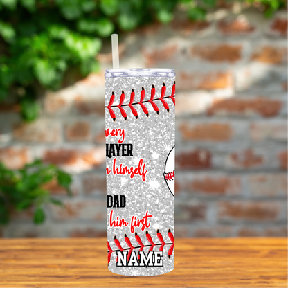 Tumbler with baseball design and text on a wooden surface with a blurred brick wall background