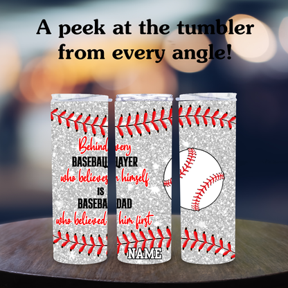 Three tumblers with baseball design and text on a wooden surface.