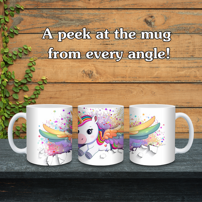 Three white mugs with unicorn designs on a wooden surface.