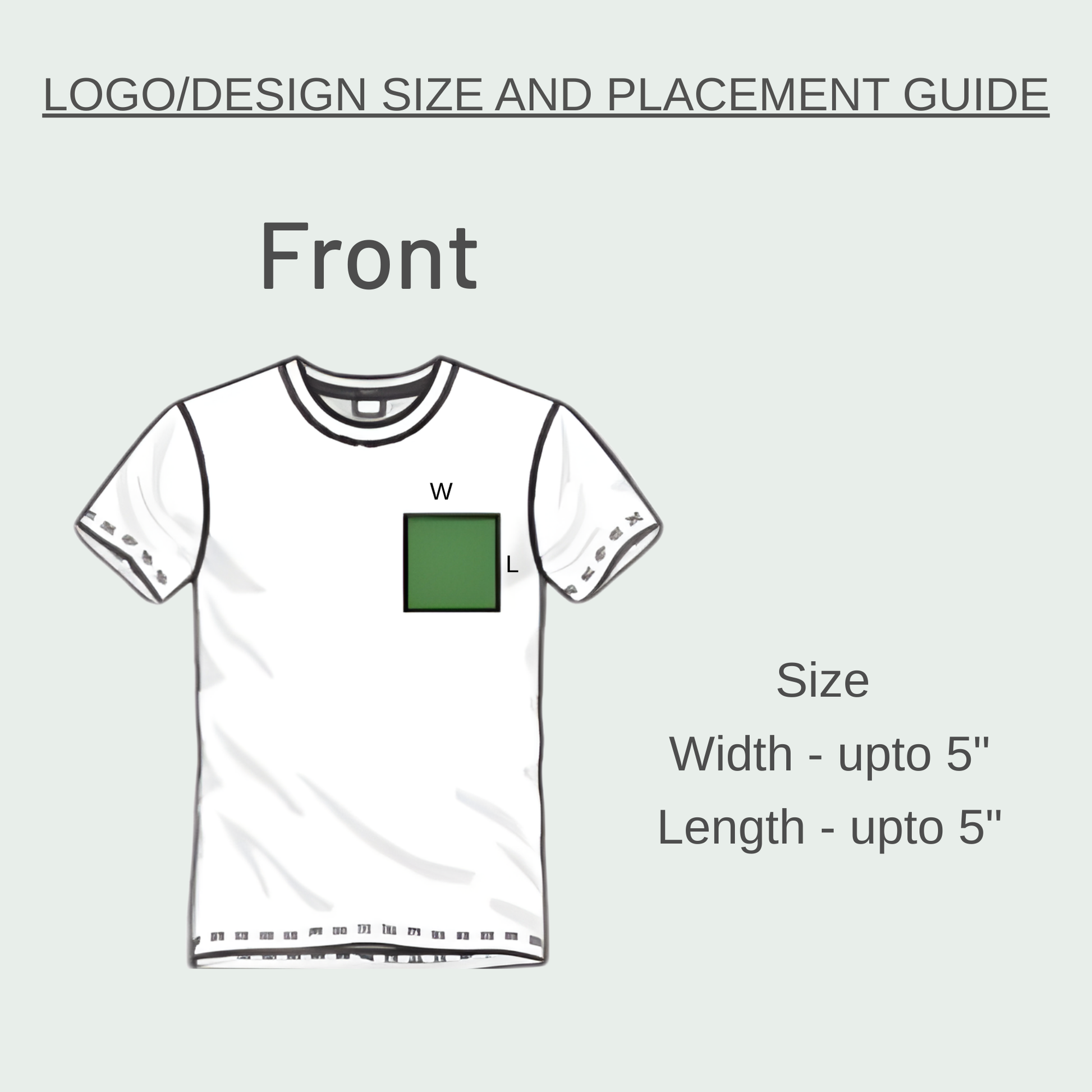 White t-shirt with a green square logo on the front, size guide indicated.
