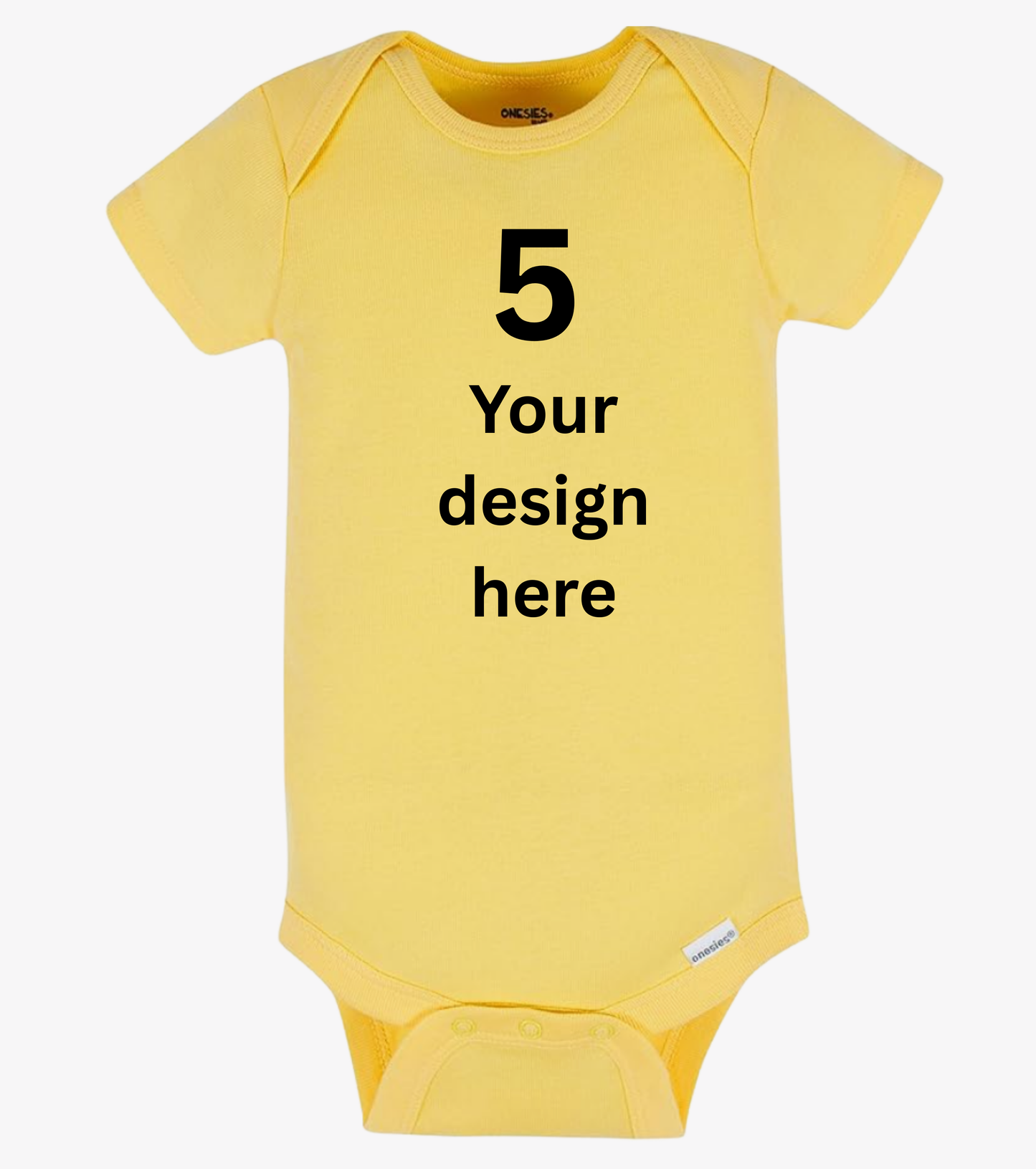 Yellow baby onesie with text '5 Your design here' on a white background