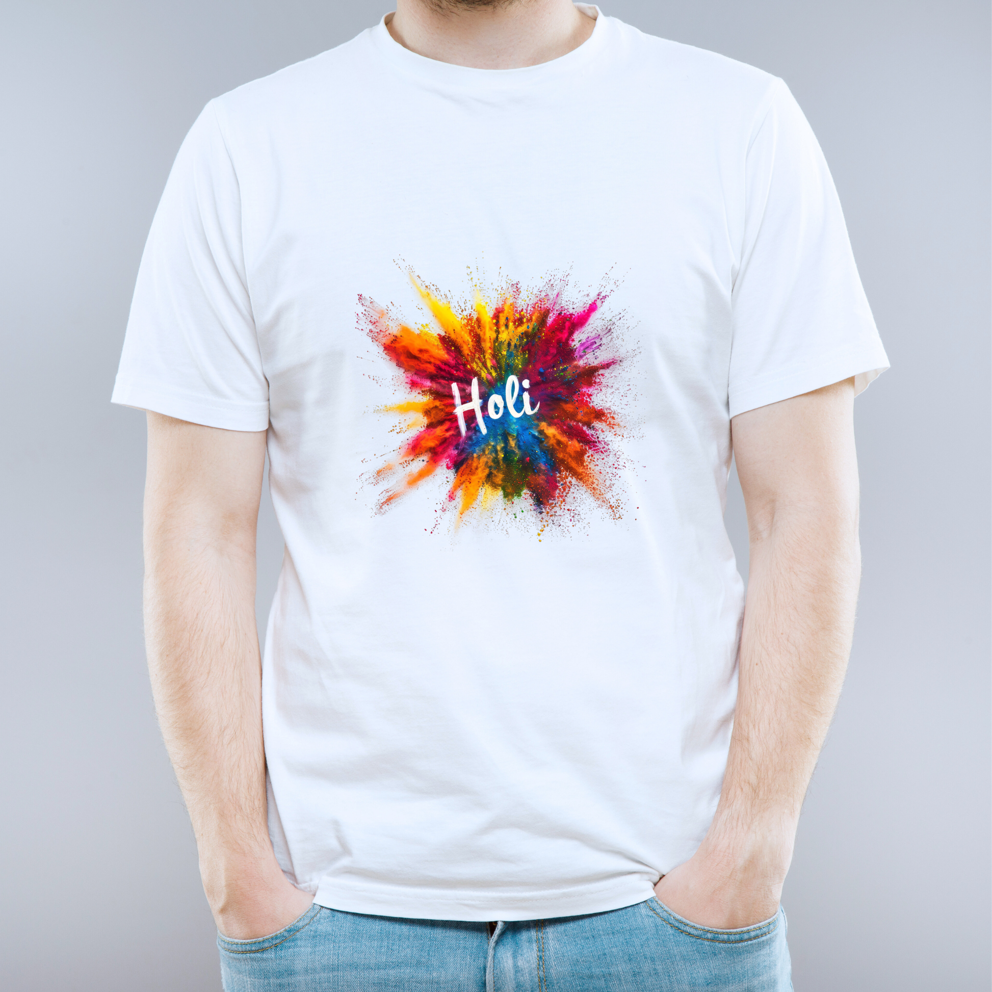 White t-shirt with a colorful abstract design and 'Holi' text on a gray background