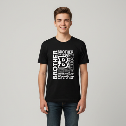 Black t-shirt with 'brother' text design on a wooden surface