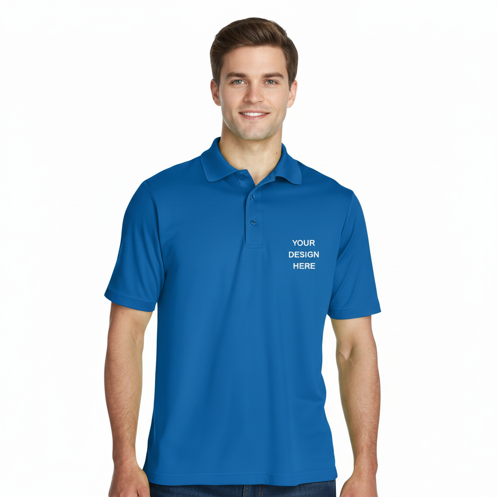 Man wearing a blue polo shirt with customizable text on a white background