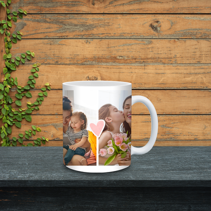 White mug with a photo of a woman kissing a child and holding flowers on a wooden background