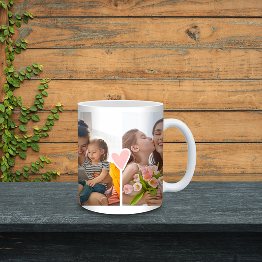 White mug with a photo of a woman kissing a child and holding flowers on a wooden background